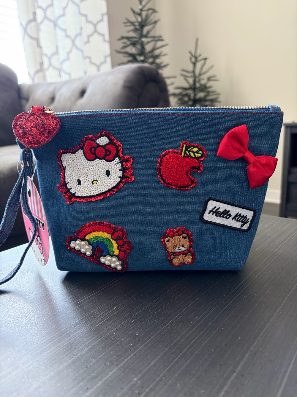 Hello Kitty Denim Patch Wristlet Pouch NWT